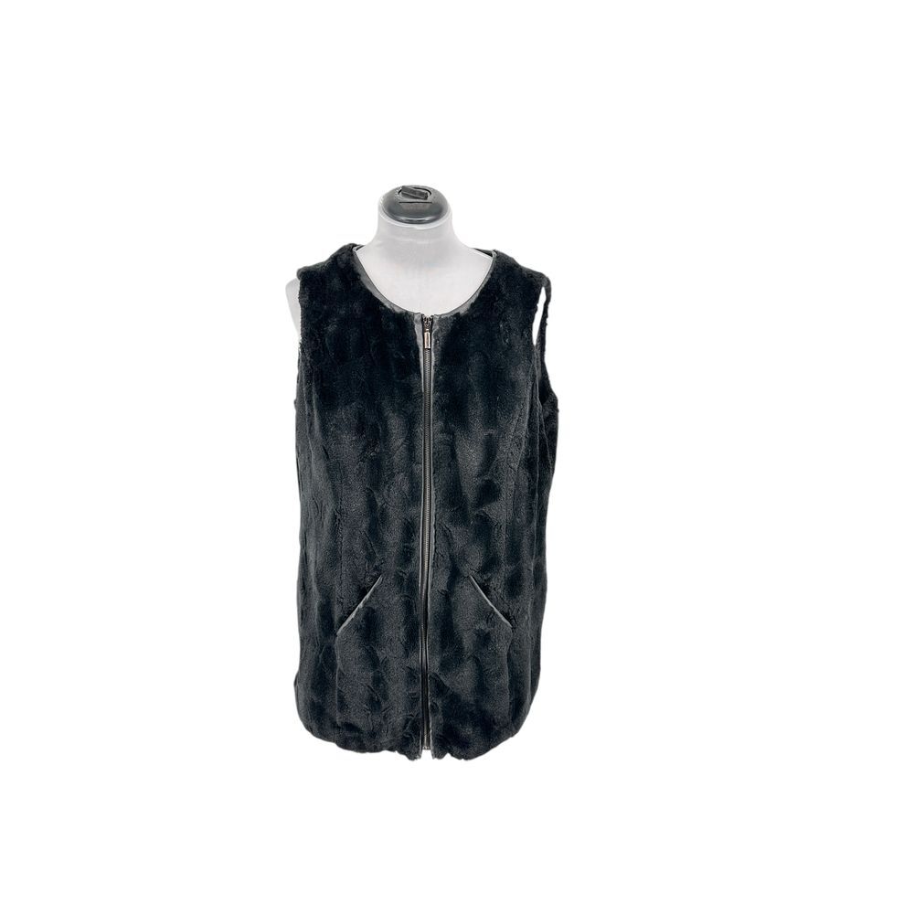 Style & Co Black Faux Fur Vest Plush Soft Full Zip Sleeveless Faux Leather‎ Trim